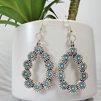 Unique Bohemian Silver Teardrop Earring with Exquisite Floral Design