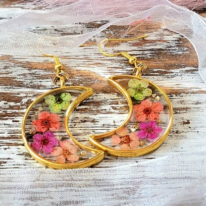 Colorful Spring Flower Earrings, Half Moon Drop, Delicate Floral Dangle, Gift for Nature Lovers, Naturally Pressed Accessory