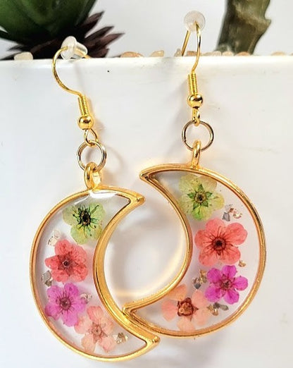 Colorful Spring Flower Earrings, Half Moon Drop, Delicate Floral Dangle, Gift for Nature Lovers, Naturally Pressed Accessory