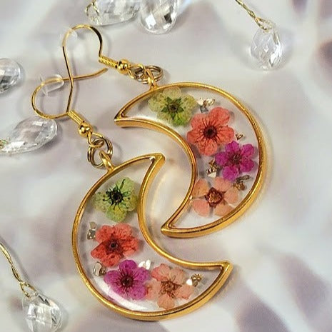 Colorful Spring Flower Earrings, Half Moon Drop, Delicate Floral Dangle, Gift for Nature Lovers, Naturally Pressed Accessory