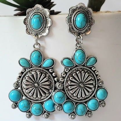 Faux Turquoise Medallion Stud Earrings, Artisan Crafted Silver Dangle