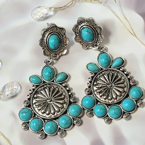 Faux Turquoise Medallion Stud Earrings, Artisan Crafted Silver Dangle