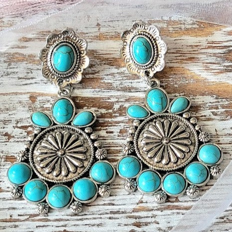 Faux Turquoise Medallion Stud Earrings, Artisan Crafted Silver Dangle