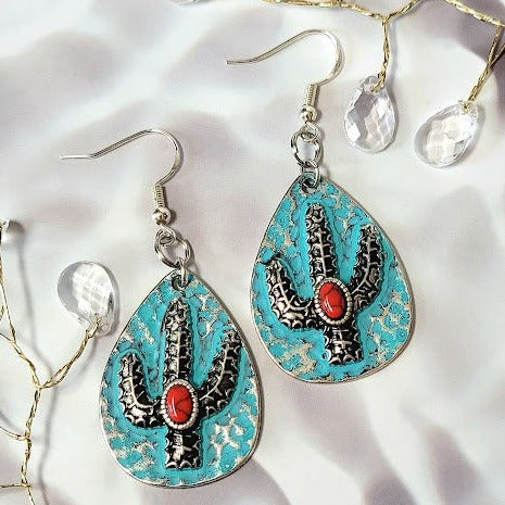 Teardrop Shaped Cacti Earrings, Western Flair Dangles, Cowgirl Style Pendants, Line Dance Fashion, Rodeo Accessory, Rustic Jewelry