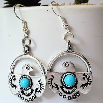 Thunderbirds with Small Faux Turquoise Stone Earrings, Southwestern Theme Accessory, Native American Inspired Dangle, Tribal Design