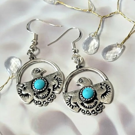 Thunderbirds with Small Faux Turquoise Stone Earrings, Southwestern Theme Accessory, Native American Inspired Dangle, Tribal Design