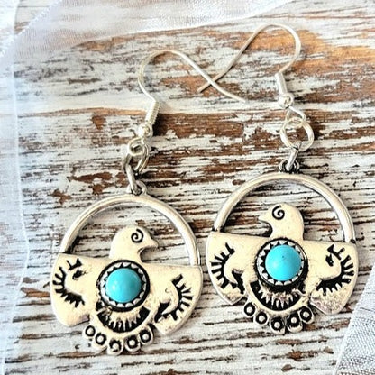 Thunderbirds with Small Faux Turquoise Stone Earrings, Southwestern Theme Accessory, Native American Inspired Dangle, Tribal Design