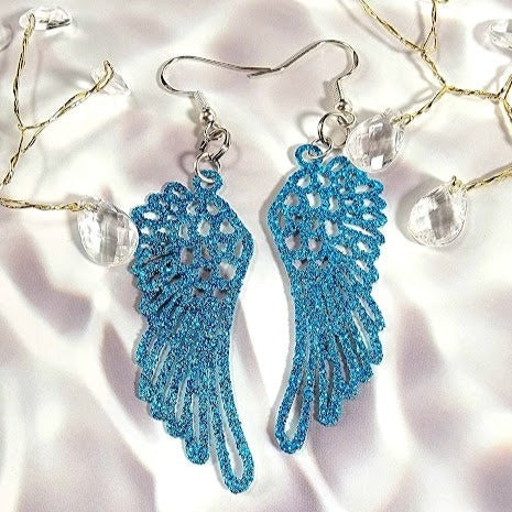 Blue Guardian Angel Feather Earrings, Religious Symbolic Dangle, Heaven-Inspired Jewelry