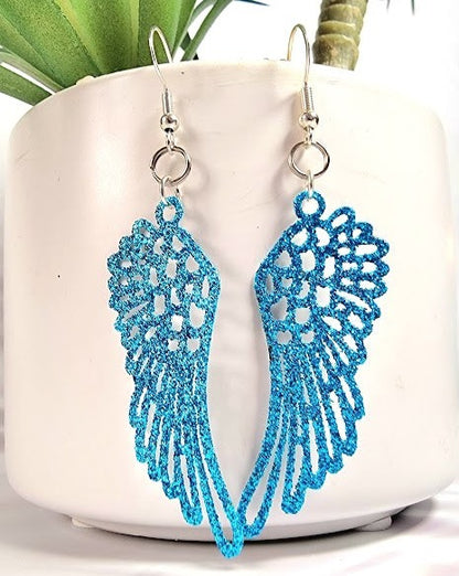 Blue Guardian Angel Feather Earrings, Religious Symbolic Dangle, Heaven-Inspired Jewelry