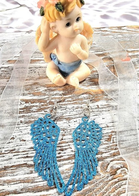 Blue Guardian Angel Feather Earrings, Religious Symbolic Dangle, Heaven-Inspired Jewelry