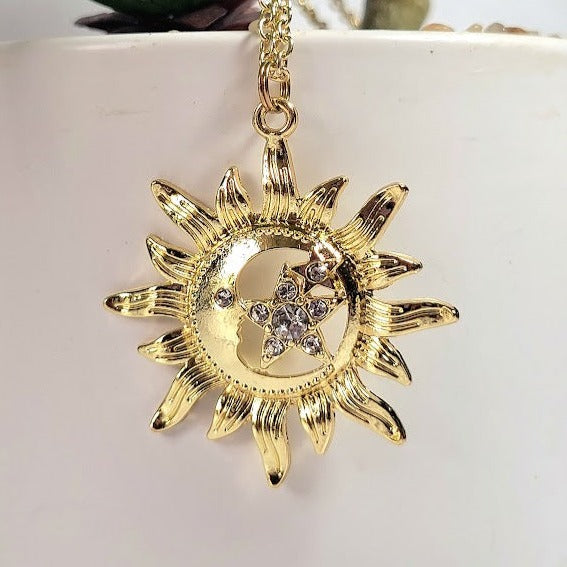 Gold Bright Sun & Star Necklace, Celestial Magic Pendant, Beacon of Positivity