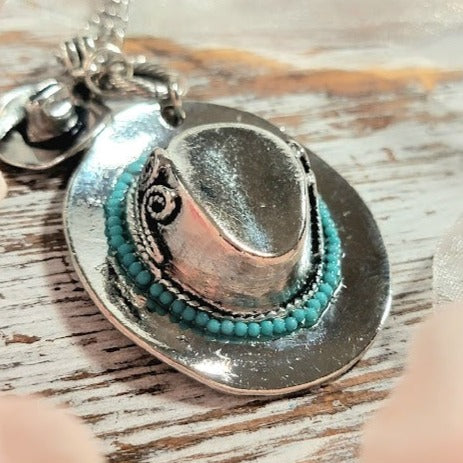 Silver Cowboy Hat Necklace, Western Themed Jewelry, Rugged Charm, Rustic Style Pendant, Perfect Barn Wedding Necklace