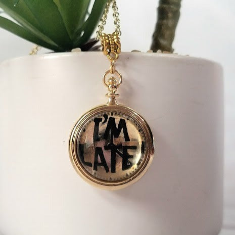 Whimsical Alice in Wonderland inspired gold necklace with "I'M LATE" Engraving