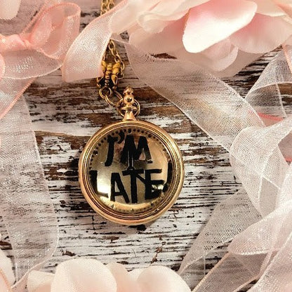 Whimsical Alice in Wonderland inspired gold necklace with "I'M LATE" Engraving