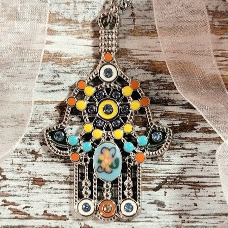 Colgante de mano de paz, Hamsa de plata con joyería de esmalte floral, joyería de símbolo talismánico, signo positivo de protección, inspirado en la era antigua