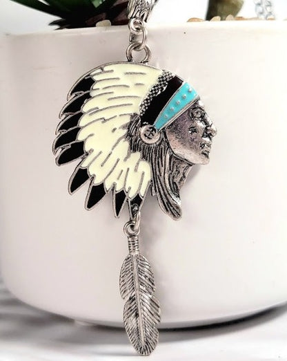 Native American Chief Head Necklace, Indigenous Cultural Headdress Pendant