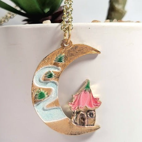 Crescent Moon Fairy Tale Necklace, Pink Flower Roof Pendant, Whimsical Jewelry