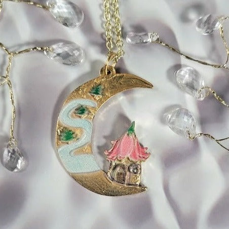 Crescent Moon Fairy Tale Necklace, Pink Flower Roof Pendant, Whimsical Jewelry