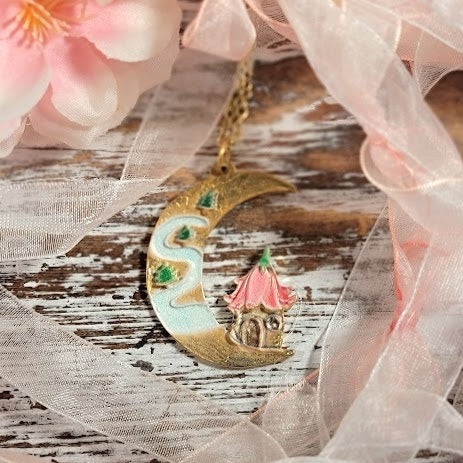 Crescent Moon Fairy Tale Necklace, Pink Flower Roof Pendant, Whimsical Jewelry