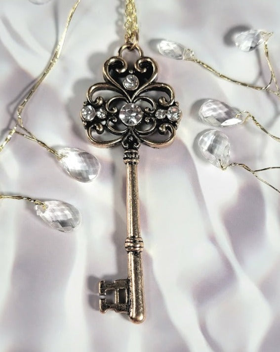 Golden Key Necklace, Elegant Rhinestone Pendant, Vintage Themed Design