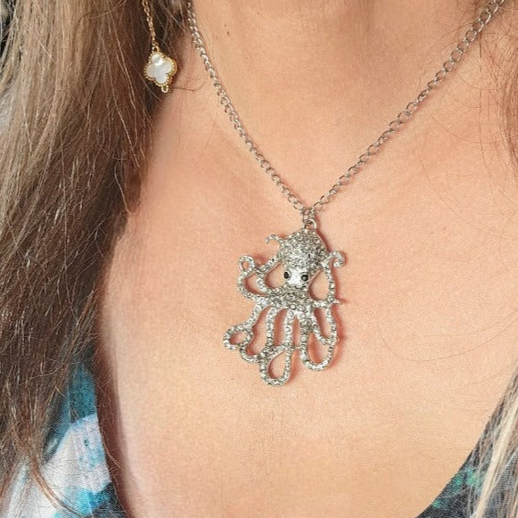 Sparkling Octopus Necklace, Ocean Inspired Pendant