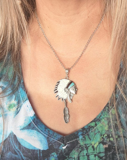 Native American Chief Head Necklace, Indigenous Cultural Headdress Pendant