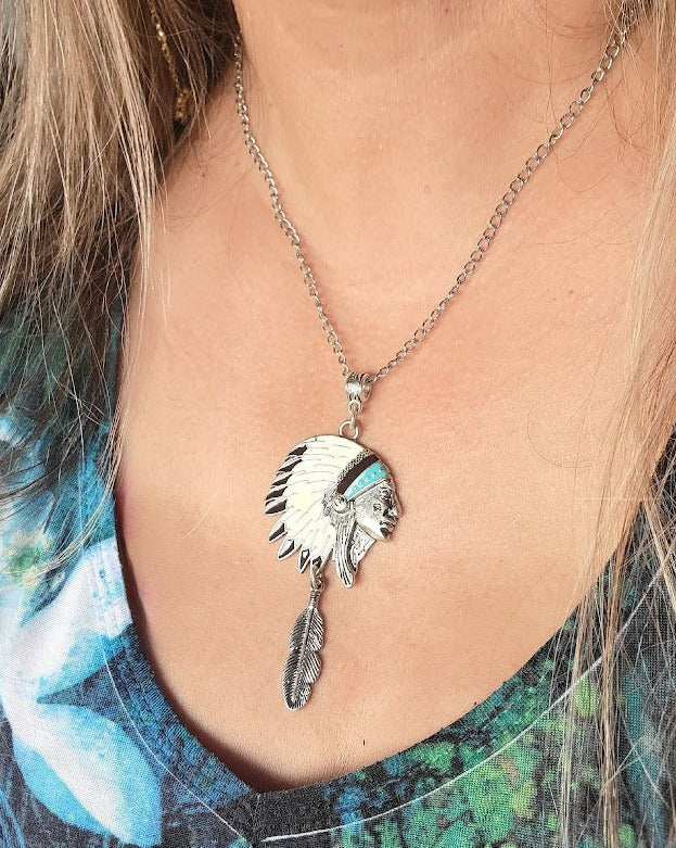 Native American Chief Head Necklace, Indigenous Cultural Headdress Pendant