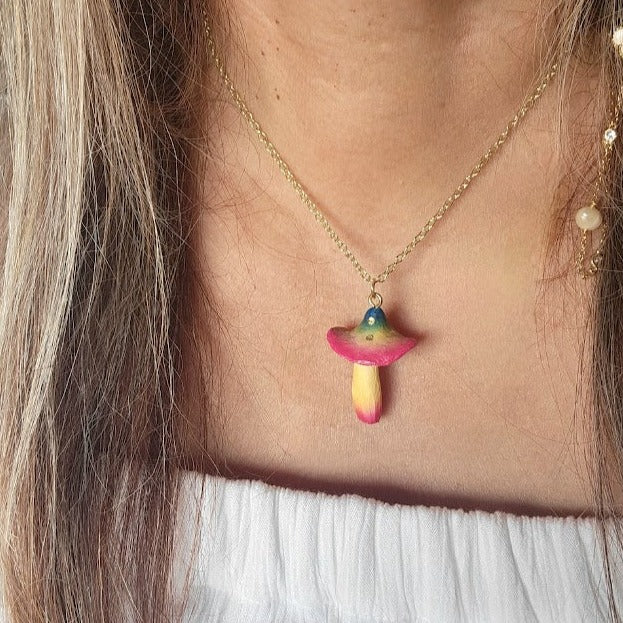 Rainbow Mushroom  Necklace, Whimsical Jewelry for Kids, Fantasy Themed Pendant, Vibrant Plant Jewelry