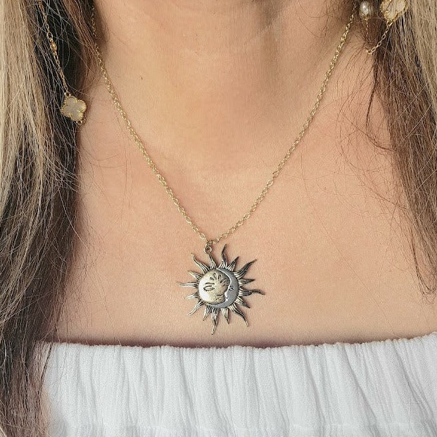 Sun and Moon Necklace, Half Moon Sun Pendant, Dual Celestial Charm