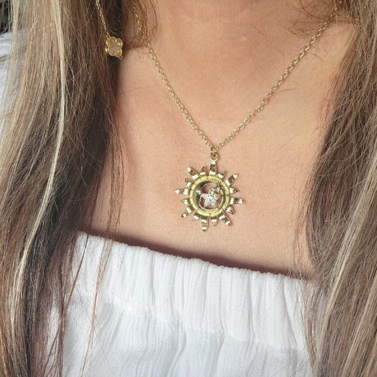 Gold Bright Sun & Star Necklace, Celestial Magic Pendant, Beacon of Positivity