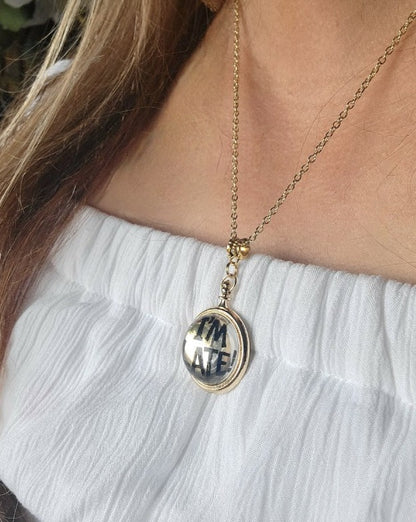 Whimsical Alice in Wonderland inspired gold necklace with "I'M LATE" Engraving