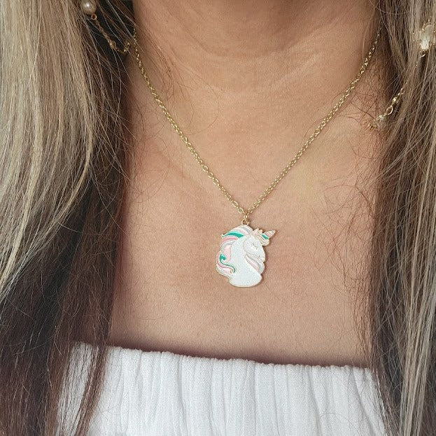 Kid's Pink Unicorn Necklace, White Pegasus Pendant