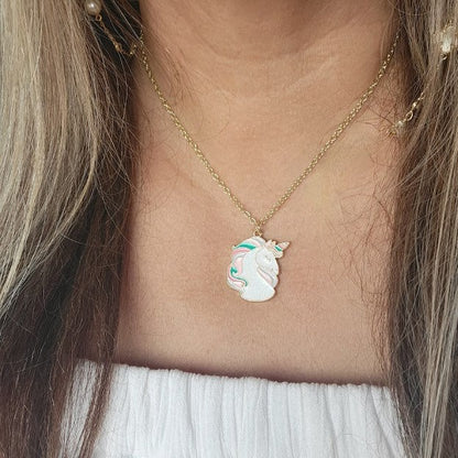 Kid's Pink Unicorn Necklace, White Pegasus Pendant