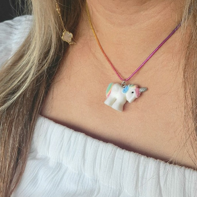 Miniature White Unicorn Necklace, Rainbow Pegasus Pendant