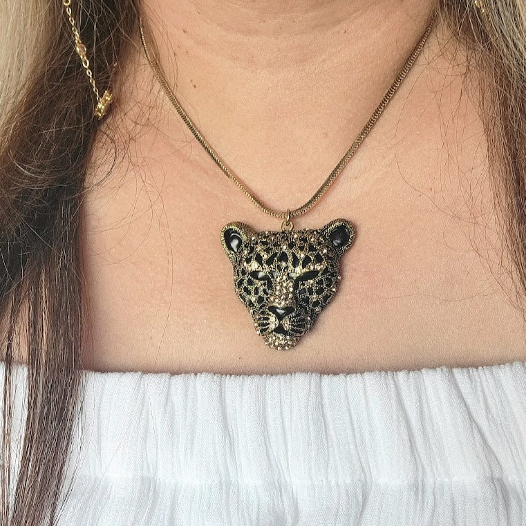 Black Leopard Necklace, Sexy Cougar Pendant, Felidae Cheetah Jewelry