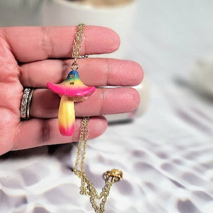 Rainbow Mushroom  Necklace, Whimsical Jewelry for Kids, Fantasy Themed Pendant, Vibrant Plant Jewelry