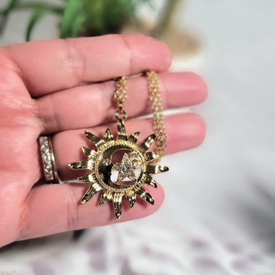 Gold Bright Sun & Star Necklace, Celestial Magic Pendant, Beacon of Positivity