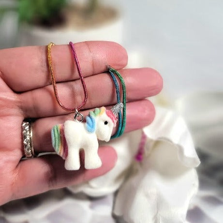 Miniature White Unicorn Necklace, Rainbow Pegasus Pendant