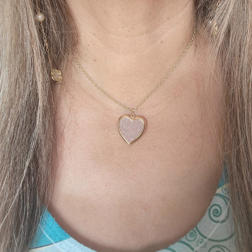 Glittery Pink Heart Locket Necklace