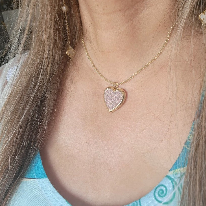 Glittery Pink Heart Locket Necklace