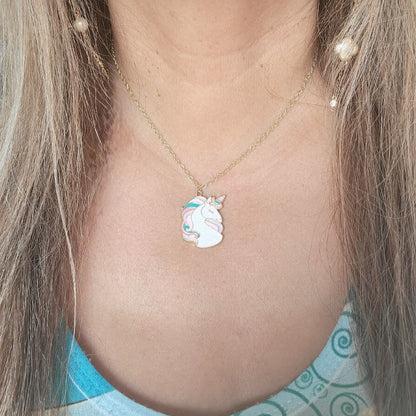 Kid's Pink Unicorn Necklace, White Pegasus Pendant