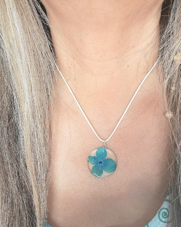 Blue Flower Necklace, Naturally Pressed Teal Petal Dangle