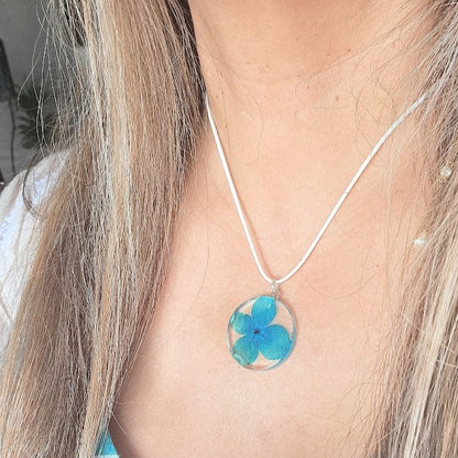 Blue Flower Necklace, Naturally Pressed Teal Petal Dangle