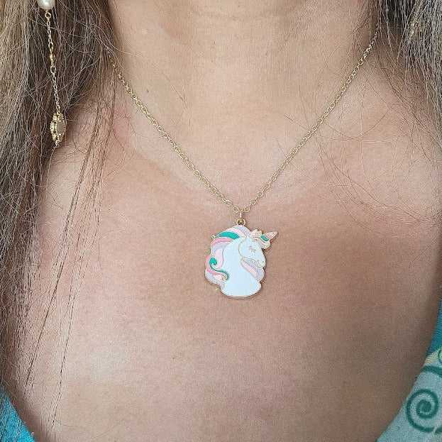 Kid's Pink Unicorn Necklace, White Pegasus Pendant