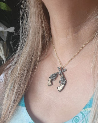 Showdown Pistol Necklace, Double Revolver Pendant, Western Shootout Theme Jewelry, Gunslinger Charms,  Frontier Fashion, Wild West Standoff Jewelry