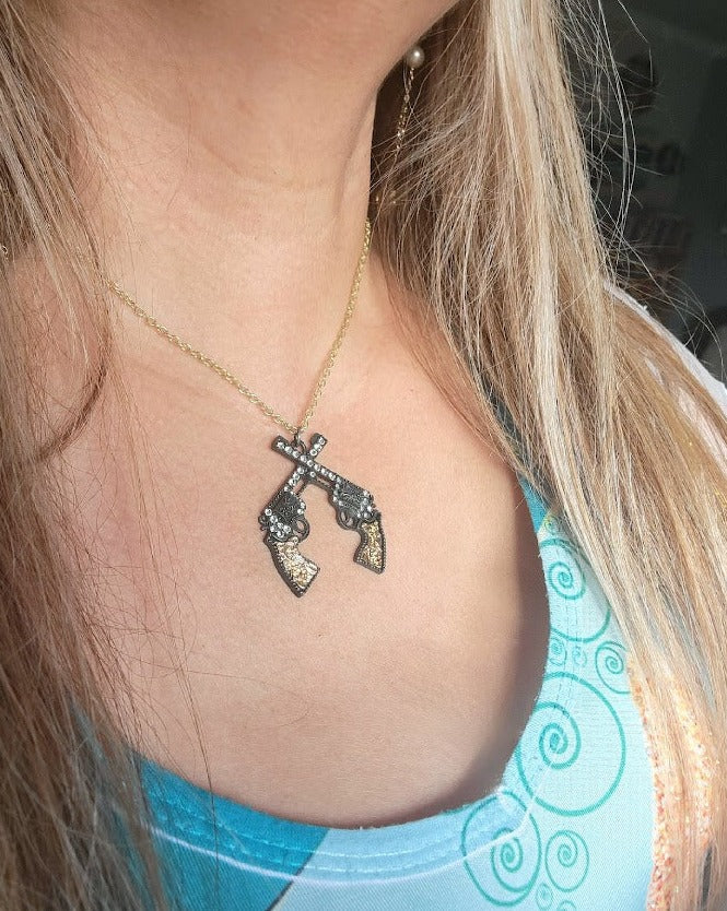 Showdown Pistol Necklace, Double Revolver Pendant, Western Shootout Theme Jewelry, Gunslinger Charms,  Frontier Fashion, Wild West Standoff Jewelry