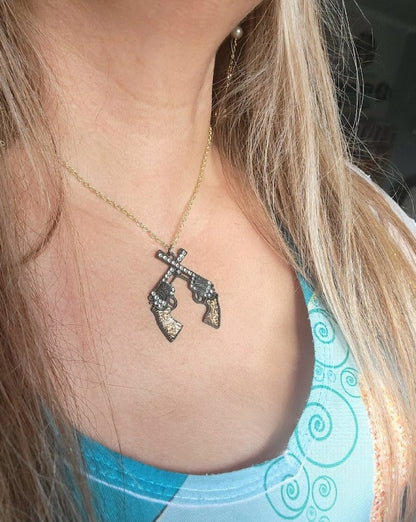 Showdown Pistol Necklace, Double Revolver Pendant, Western Shootout Theme Jewelry, Gunslinger Charms,  Frontier Fashion, Wild West Standoff Jewelry