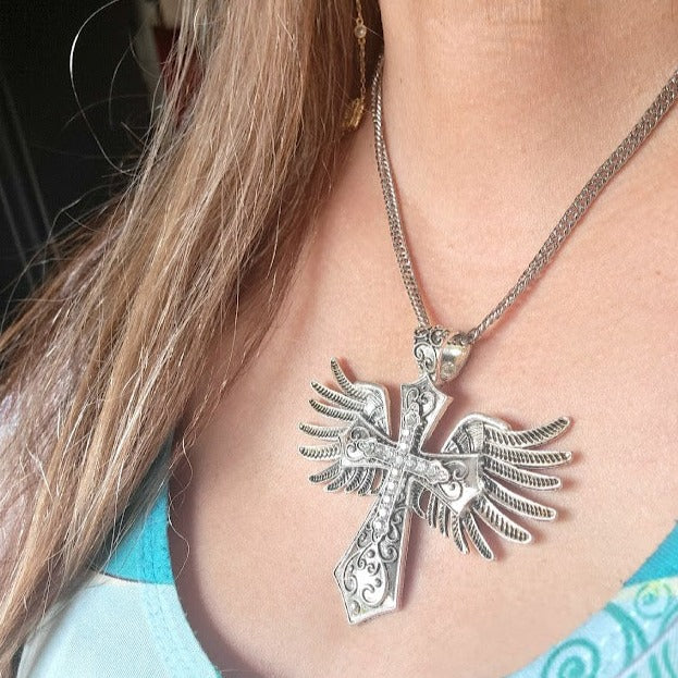 Winged Cross Necklace, Ornate Crucifix, Focal Point Accessory, Artisan Statement Jewelry, Religious Pendant, Angelic Charm, Faith Based