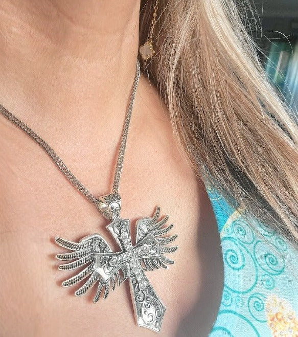 Winged Cross Necklace, Ornate Crucifix, Focal Point Accessory, Artisan Statement Jewelry, Religious Pendant, Angelic Charm, Faith Based