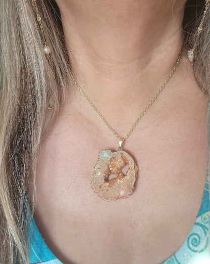 Peach Agate Raw Stone Necklace, Nature Inspired Pendant, Unique Raw Crystal Jewelry